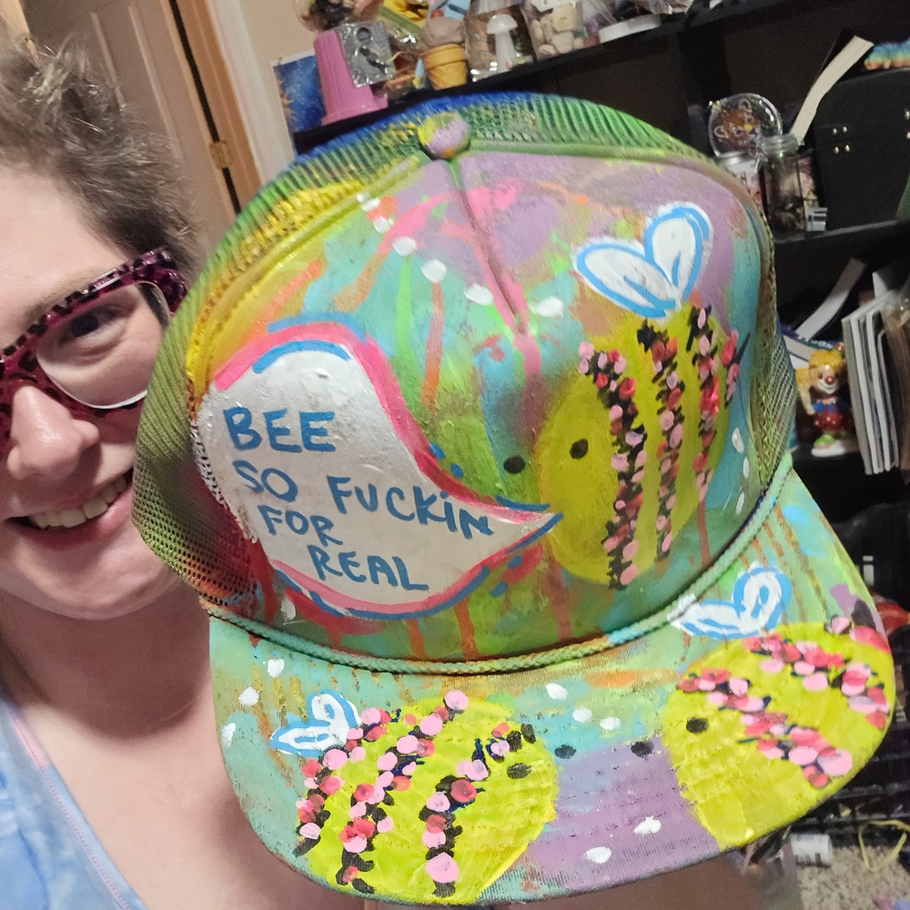 hand Painted Ooak Colorful Bee Trucker Hat